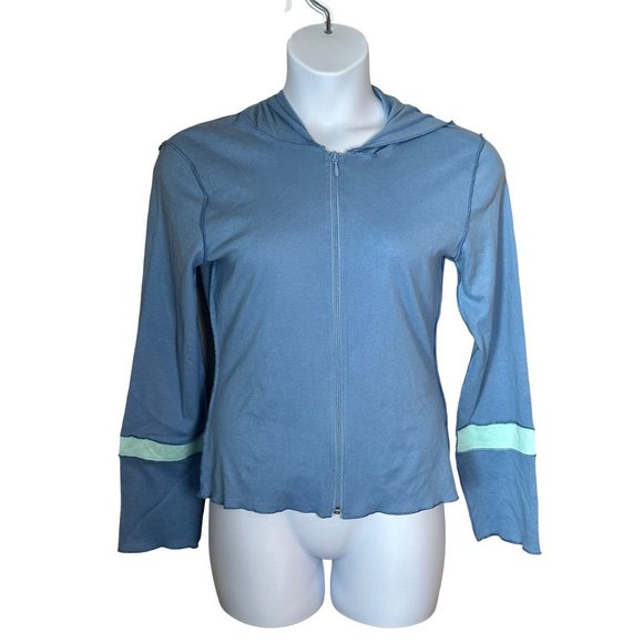 ADORABLE LIGHTWEIGHT COTTON HOODIE IN BLUE WITH AQUA STRIPE BY T CO SIZE L NWT - Picture 1 of 8